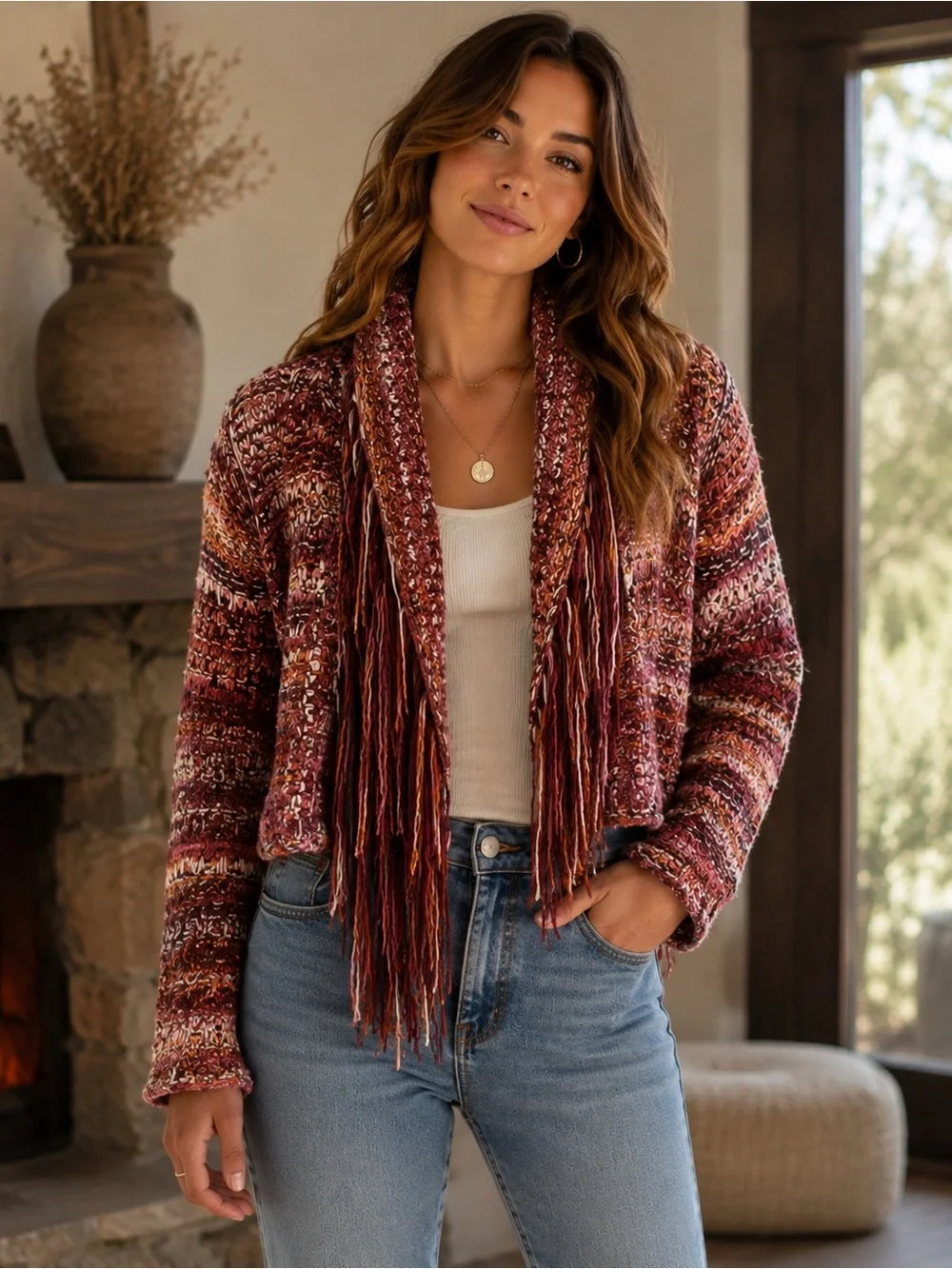 Free People Multicolor Burgundy Fringe Open-Front Cardigan (781767) 🍂